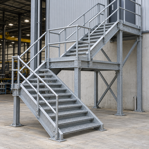 Tangga Keluli Tugas Berat Prafabrikasi dengan Tapak Anti-Slip dan Pendaratan Modular