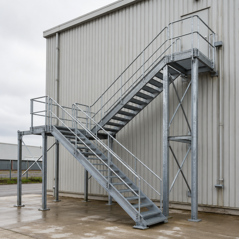 Estructura de escalera de acero industrial personalizada con plataforma y pasamanos de seguridad