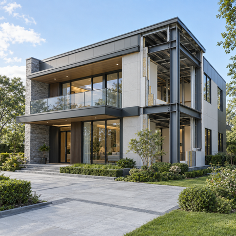Maison d'habitation moderne en acier lourd de deux &eacute;tages avec charpente en acier apparente.png